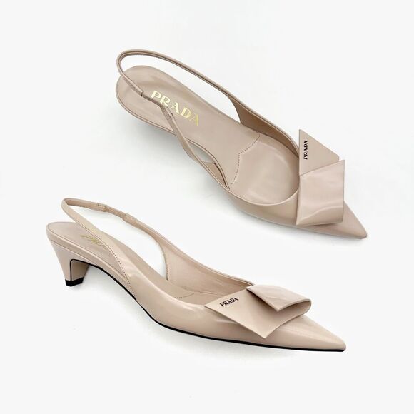 PRADA Origami Fold Beige Kitten Slingback Heels Size 37 US 7 Pointed Toe Pump - Picture 1 of 12